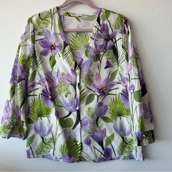 Alice + Olivia Purple and Green Floral Blouse - Picture 1 of 12